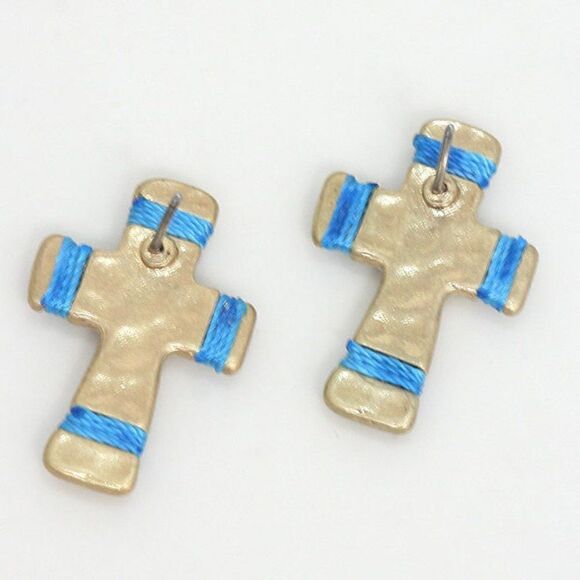 Cross String Tied Blue Howlite Earrings - Picture 2 of 4